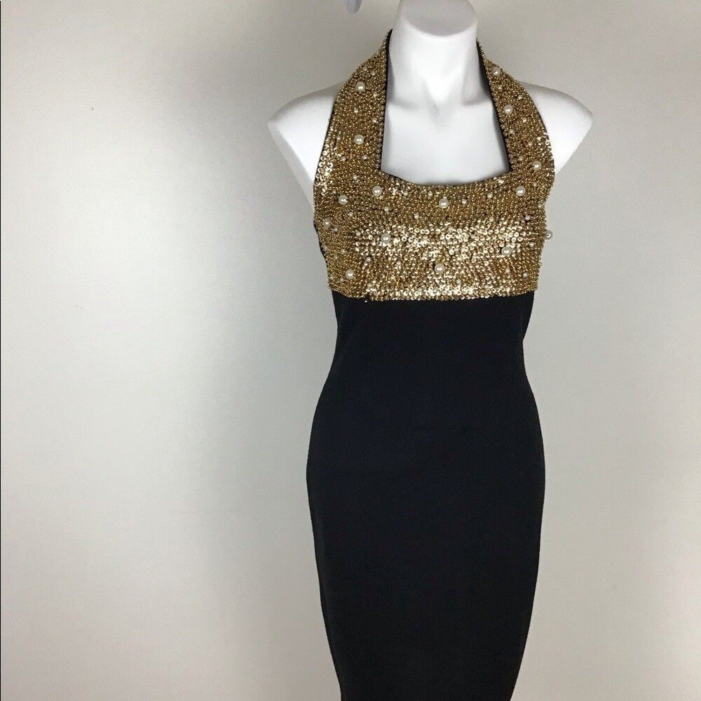 Outlander Studio Gold  Sequence Dress With White Pearls And Black  Bottom size M